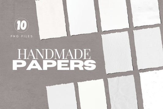 A collection of 10 high-quality handmade papers. Create all kinds of unique and interesting designs for your next project.  Create stunning and realistic projects with this beautiful collection of handmade paper PNG images.  Real assets created and photographed in high definition to give your creations a one-of-a-kind look.  This collection includes 10 graphics with .png transparent backgrounds, in high resolution.