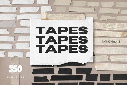 A collection of 350 high-quality artistic tape overlays in PNG files. Featuring 6 styles, 4 colors, and various lengths, all individual and realistic. Create all kinds of unique and interesting designs for your next project.  Create stunning and realistic projects with this beautiful collection of tape overlays. Real assets created and photographed in high definition to give your creations a one-of-a-kind look.  This collection includes 350 graphics with .png transparent backgrounds, in high resolution.