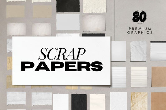 A collection of 80 high-quality scrap paper PNG files. Featuring various colors, lengths, and textures, including notebook papers, all individual and realistic. Create all kinds of unique and interesting designs for your next project.  Create stunning and realistic projects with this beautiful collection of scrap paper PNG images. Real assets created and photographed in high definition to give your creations a one-of-a-kind look.
