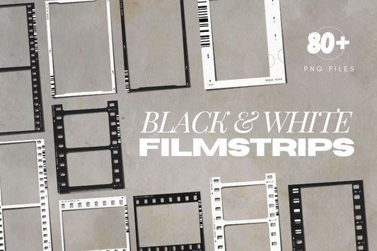 A collection of 80 black & white handcrafted film strips. Add a touch of analog to your next project with these film strips, film frames, film borders, and analog film overlays that are sure to attract all the attention.  This collection of 80 film strip overlays is everything you need to emulate the vintage film look with your photos. All film strip borders are high-res PNG files made to work in Photoshop, Canva, and any other design or photo editing programs.