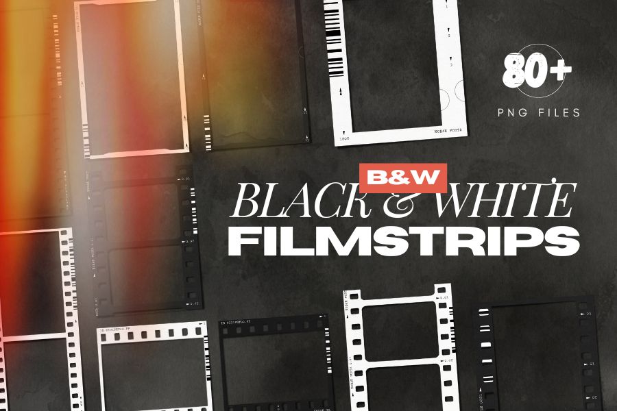 A collection of 80 black & white handcrafted film strips. Add a touch of analog to your next project with these film strips, film frames, film borders, and analog film overlays that are sure to attract all the attention.  This collection of 80 film strip overlays is everything you need to emulate the vintage film look with your photos. All film strip borders are high-res PNG files made to work in Photoshop, Canva, and any other design or photo editing programs.